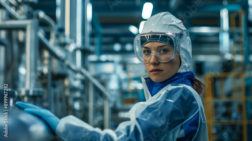 Portrait of female worker wearing protective suit while operating equipment at modern chemical plant