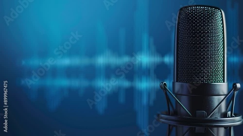 microphone with waveform on blue background podcast	