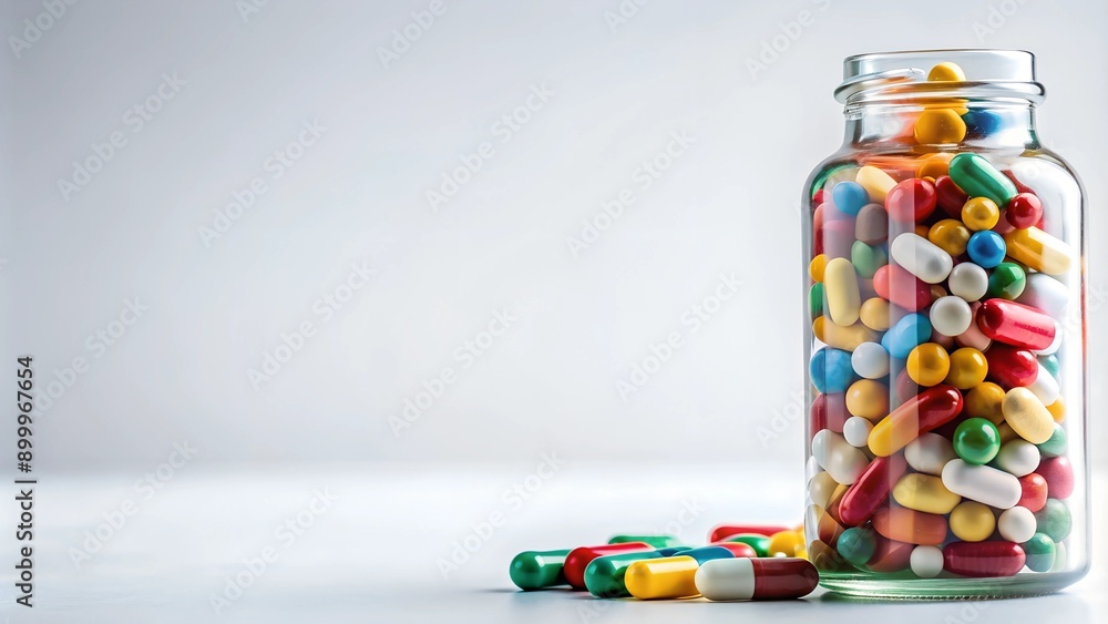 Clear glass jar with multi-colored tablets and capsules, side view, white background, copy space Clear glass jar with multi-colored tablets and capsules, side view, white background, copy space