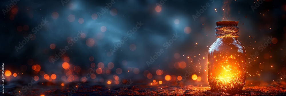 Mystical glowing bottle in a dark, magical forest, with sparkling particles creating an enchanting and mysterious atmosphere. Concept of Halloween, magic, and mystical decor Mystical glowing bottle in a dark, magical forest, with sparkling particles creating an enchanting and mysterious atmosphere. Concept of Halloween, magic, and mystical decor