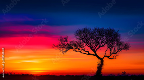 Sunset Silhouette: The Tranquil Beauty of a Tree Against a Vibrant Evening Sky