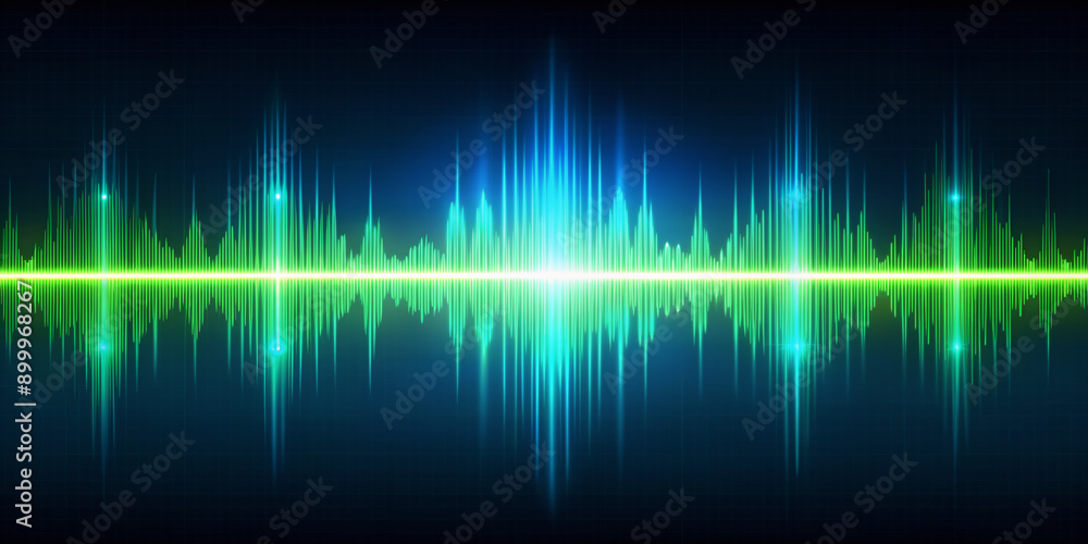 Vibrant neon green audio waveform with significant gaps against a calming blue background, conveying a sense of modern technology and dynamic sound patterns. Vibrant neon green audio waveform with significant gaps against a calming blue background, conveying a sense of modern technology and dynamic sound patterns.