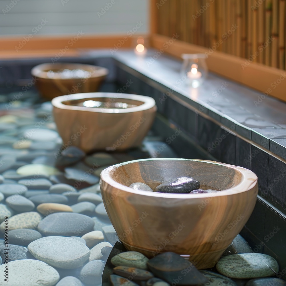 Serene wooden bowls float in a tranquil water feature filled with smooth pebbles, set in a zen garden. The ambiance is peaceful, enhanced by soft lighting and natural wood textures, creating a perfect Serene wooden bowls float in a tranquil water feature filled with smooth pebbles, set in a zen garden. The ambiance is peaceful, enhanced by soft lighting and natural wood textures, creating a perfect