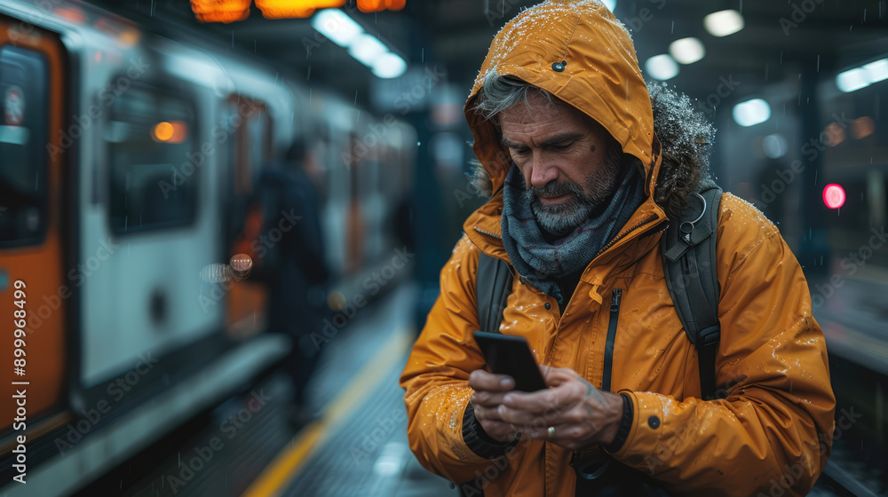 man aged 30-40 on a station platform checking his smartphone while waiting for his train man aged 30-40 on a station platform checking his smartphone while waiting for his train