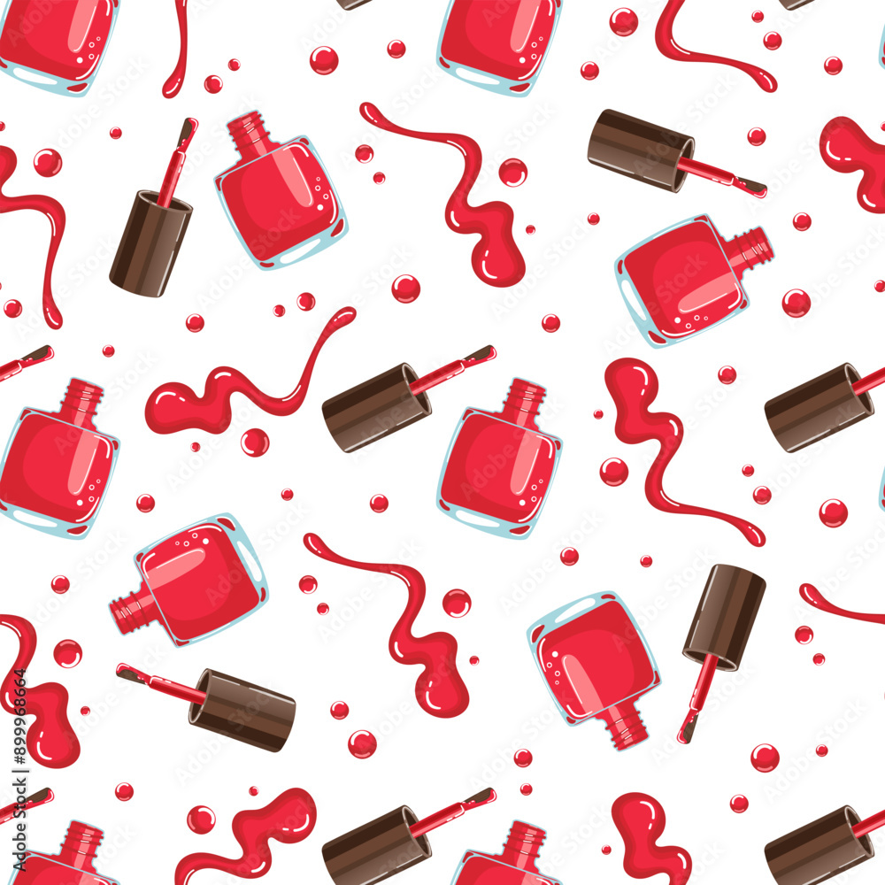 Vector seamless pattern of red nail polish bottles, brushes, and splashes on a white background Vector seamless pattern of red nail polish bottles, brushes, and splashes on a white background