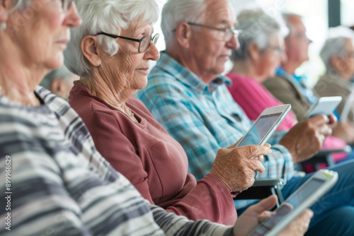 Group of seniors attending a class to learn how to use tablets