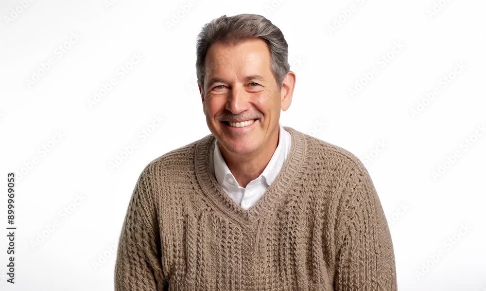 Medium shot portrait video of a satisfied man in his 50s that is wearing a cozy sweater against a white background Medium shot portrait video of a satisfied man in his 50s that is wearing a cozy sweater against a white background
