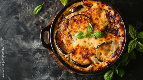 
Baked moussaka with golden cheese crust in a black casserole dish garnished with fresh basil leaves, placed on a dark rustic background, showcasing traditional Greek eggplant casserole from top view photo