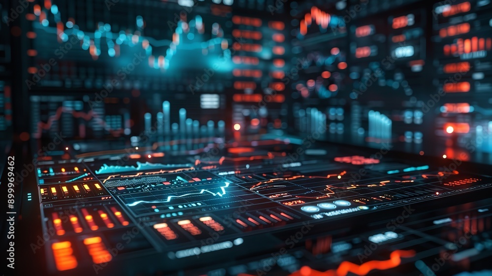 A computer screen with a lot of orange and blue lines, Digitally generated image of isometric data chart A computer screen with a lot of orange and blue lines, Digitally generated image of isometric data chart