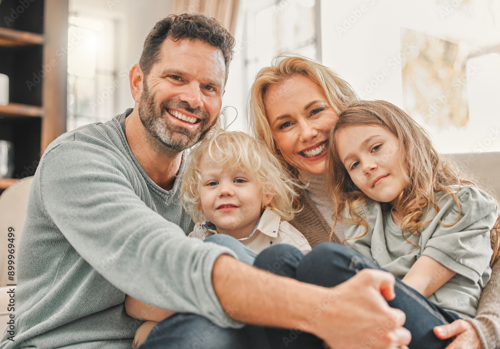 Portrait, happy family and children with parents in home for care, relax or bonding together. Face, mother and father with kids in living room for support, love and connection with siblings on sofa Portrait, happy family and children with parents in home for care, relax or bonding together. Face, mother and father with kids in living room for support, love and connection with siblings on sofa
