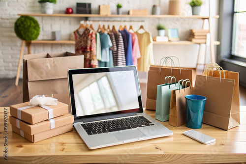 Wallpaper Mural A modern laptop displays an online shopping website amidst scattered shopping bags and packages, with a bank card lying on a cluttered desk surface. Torontodigital.ca