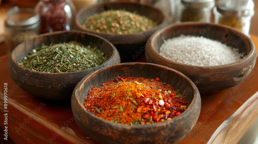 An inviting display of dried herbs and spices in wooden bowls, featuring different textures and colors. Ideal for culinary and kitchen-related projects, highlighting the natural beauty of cooking An inviting display of dried herbs and spices in wooden bowls, featuring different textures and colors. Ideal for culinary and kitchen-related projects, highlighting the natural beauty of cooking