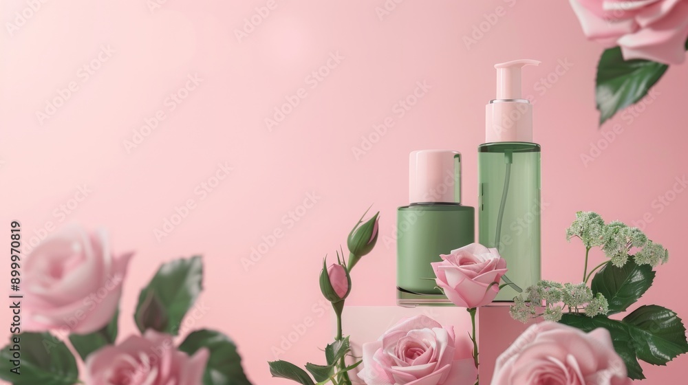 Elegant skincare product display with roses on a soft pink background. Luxurious beauty products concept with floral elements. Ideal for beauty, skincare, and cosmetic advertising. AI Elegant skincare product display with roses on a soft pink background. Luxurious beauty products concept with floral elements. Ideal for beauty, skincare, and cosmetic advertising. AI