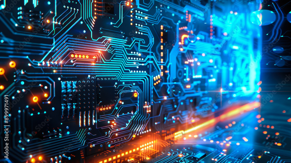 Abstract High-Technology Circuit Board Background with Glowing Blue and Orange Lights, Microchip Connections, and Advanced Digital Patterns for Cybersecurity and Innovation Themes Abstract High-Technology Circuit Board Background with Glowing Blue and Orange Lights, Microchip Connections, and Advanced Digital Patterns for Cybersecurity and Innovation Themes