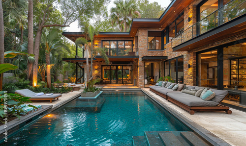 Wallpaper Mural Evening Serenity: Luxurious Modern Home with Backyard Pool, Cozy Lounge Area, and Lush Greenery Torontodigital.ca