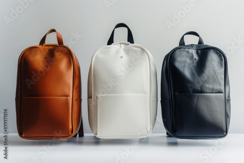 School backpack minimalism, three modern models, leather, white, black, brown