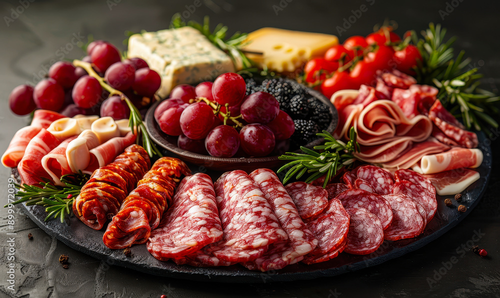 Gourmet Meat and Cheese Platter with Fresh Fruits and Herbs for Elegant Appetizer or Party Food Presentation Gourmet Meat and Cheese Platter with Fresh Fruits and Herbs for Elegant Appetizer or Party Food Presentation