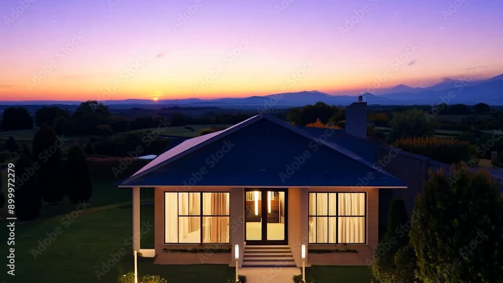 A modern house stands elegantly as a vibrant sunset casts colorful hues across the horizon, illuminating the tranquil landscape A modern house stands elegantly as a vibrant sunset casts colorful hues across the horizon, illuminating the tranquil landscape