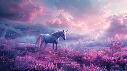 Sierkussen Eenhoorn Magic unicorn in fantastic world with fluffy clouds and fairy meadows enchanting and whimsical scene mythical and magical creature vibrant and colorful landscape dreamy and ethereal atmosphere fantasy  ©  Mohammad Xte
