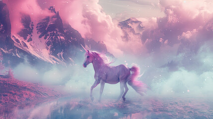 Fototapete Pony Magic unicorn in fantastic world with fluffy clouds and fairy meadows enchanting and whimsical scene mythical and magical creature vibrant and colorful landscape dreamy and ethereal atmosphere fantasy  ©  Mohammad Xte