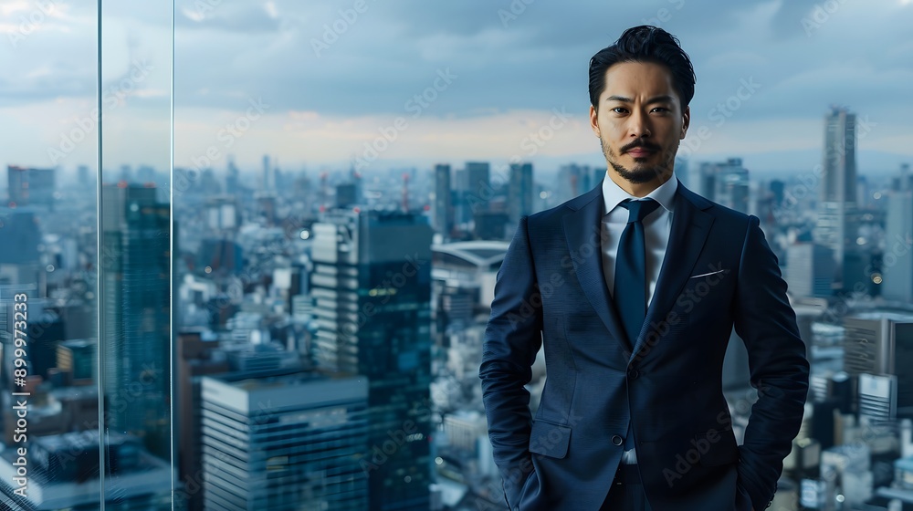 高層ビルの屋上で朝の光に照らされる日本人ビジネスマン 高層ビルの屋上で朝の光に照らされる日本人ビジネスマン