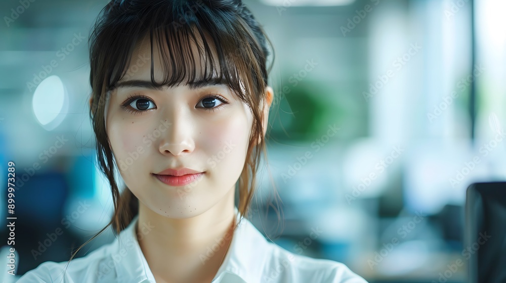 Naklejka premium オフィスで働く日本人ビジネスウーマン