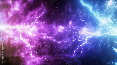 Powerful colored lightnings and the flash from the collision dramatic and electrifying scene vibrant and dynamic colors intense and energetic visual striking and bold display high-impact