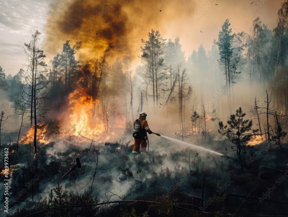 Fototapeta premium A firefighter extinguishes a fire in a house. AI generated