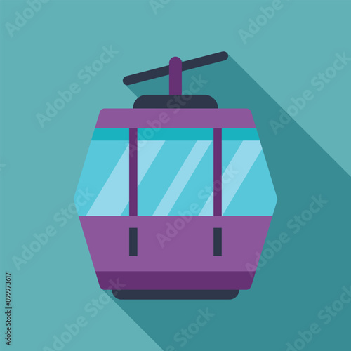 Purple funicular cabin is hanging on a ropeway, offering a scenic view of the surrounding mountains