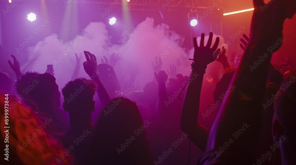 A crowd cheering and dancing at an outdoor concert, captured from behind with smoke in the air photo, light neon glare A crowd cheering and dancing at an outdoor concert, captured from behind with smoke in the air photo, light neon glare