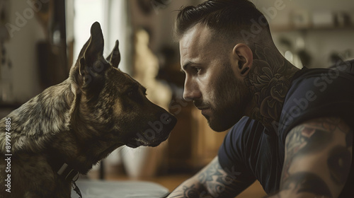 A muscular tattooed man with short hair and beard is sitting on the floor, looking at his German Shepherd dog in an apartment living room, emotional connection, look into each other's eyes, tenderness