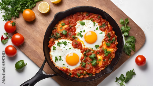 Shakshuka with eggs on wooden table. Generative AI