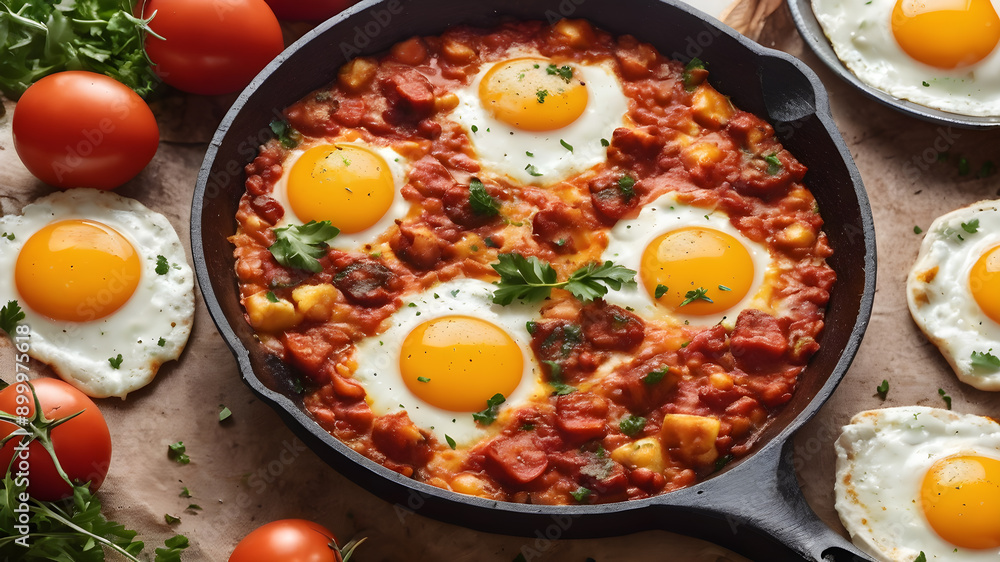 Shakshuka with eggs on wooden table. Generative AI Shakshuka with eggs on wooden table. Generative AI