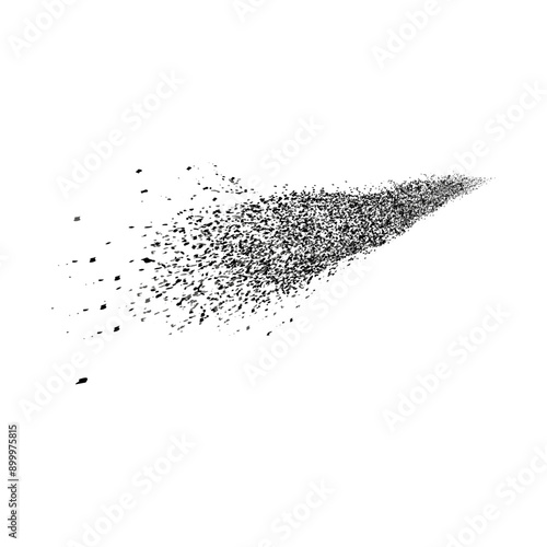 Ink splashes, black dots texture, abstract sand effect, gradient of dots isolated on white background, individual flying particles.. Vector illustration.