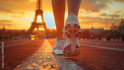 Focus on running shoes of an athlete whos running towards the eiffel tower of paris at sunset