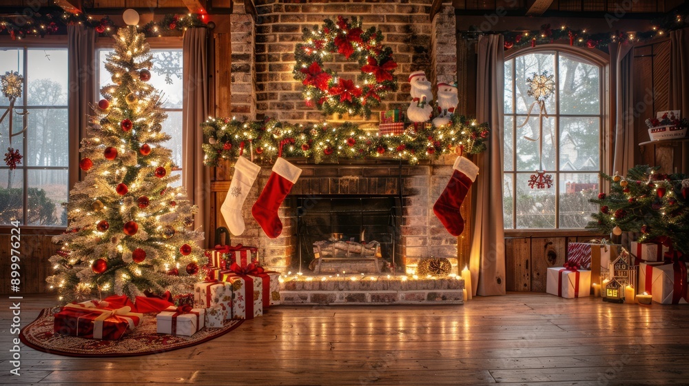 Fototapeta premium Cozy living room decorated for christmas with fireplace and christmas tree