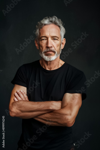 A man with a beard and gray hair is standing with his arms crossed