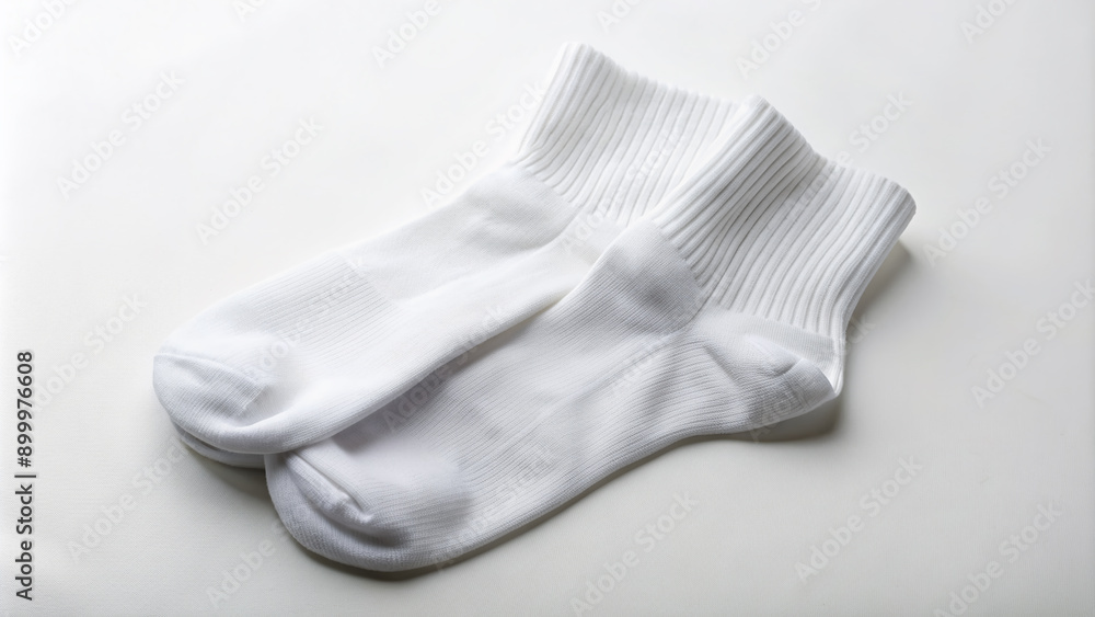 Freshly laundered white cotton socks lying flat, neatly paired, and perfectly smooth, against a pristine white background, free of wrinkles and creases. Freshly laundered white cotton socks lying flat, neatly paired, and perfectly smooth, against a pristine white background, free of wrinkles and creases.