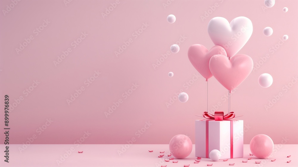 Delightful Scene with Pink Heart Balloons and Gift Box for Celebrations Delightful Scene with Pink Heart Balloons and Gift Box for Celebrations