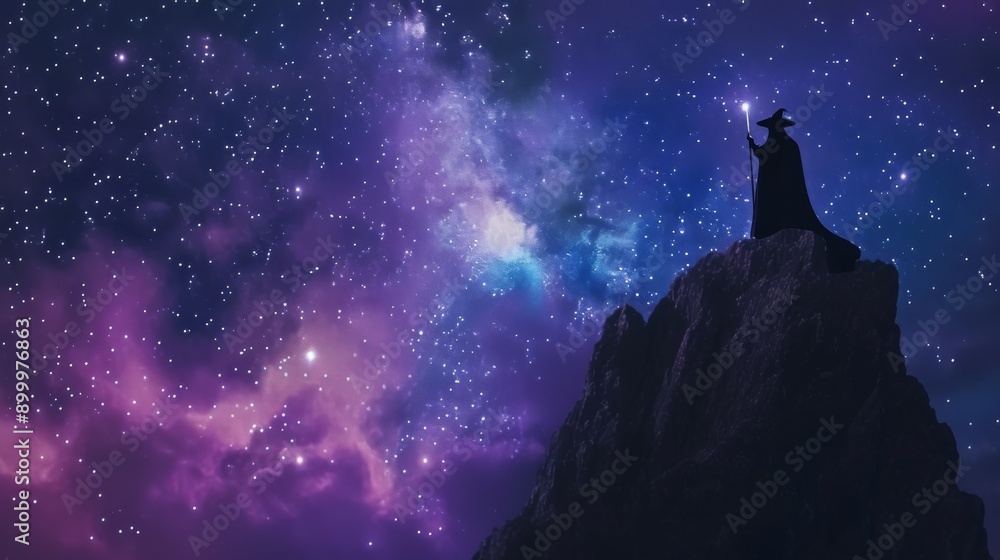 Fototapeta premium A lone wizard stands on a cliff, silhouetted against a starry night sky. The vast expanse of stars and the wizard