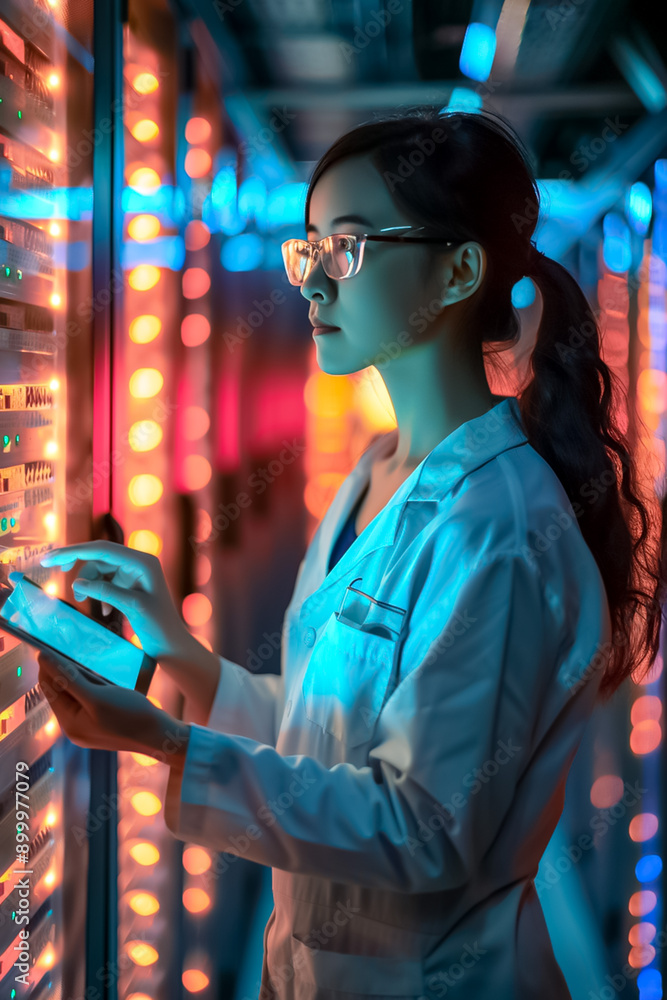 A woman in a white lab coat is working on a computer A woman in a white lab coat is working on a computer