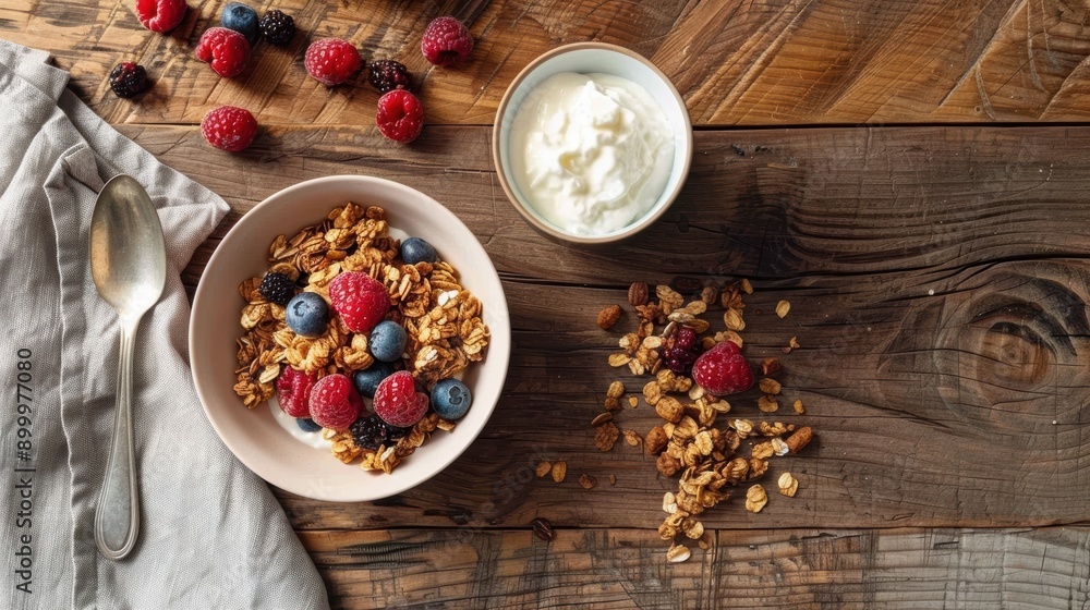 Bowl of granola with fresh berries and yogurt on wooden table Bowl of granola with fresh berries and yogurt on wooden table