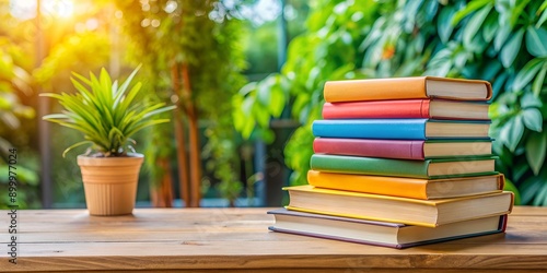 stack of vibrant books towers overhead on study desk