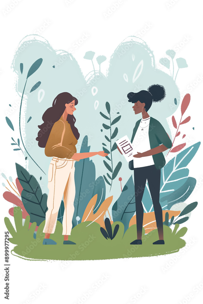 Two women are talking to each other in a lush green field Two women are talking to each other in a lush green field