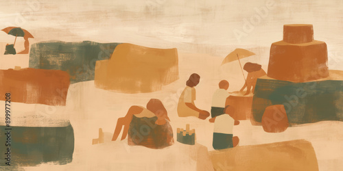 Abstract Illustration of People Enjoying a Beach Day with Sandcastles and Umbrellas