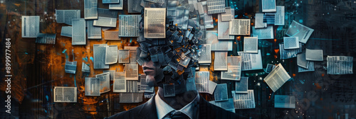 Man Surrounded by Floating Books and Papers, Conceptual Digital Art Representing Information Overload