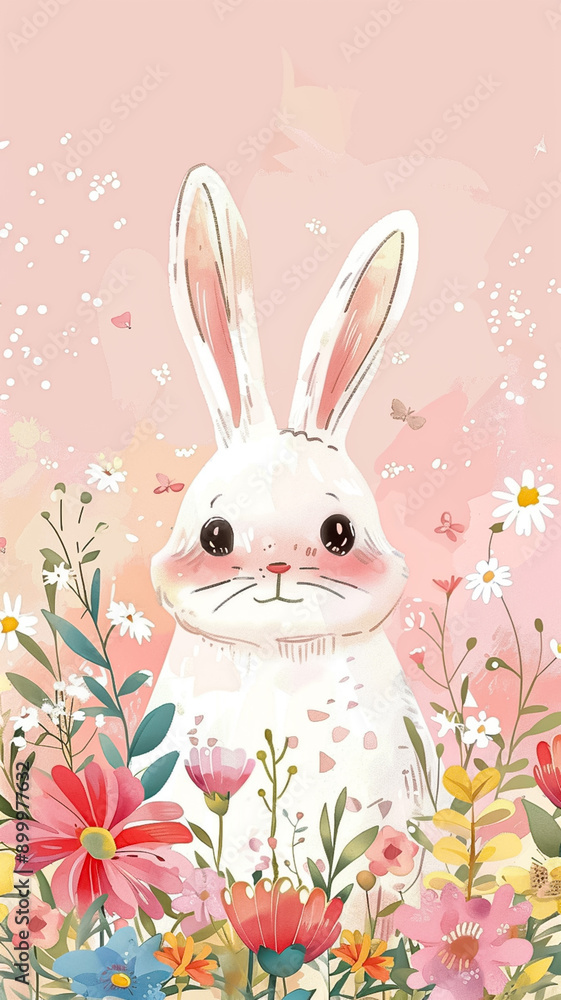 A cute rabbit is standing in a field of flowers A cute rabbit is standing in a field of flowers