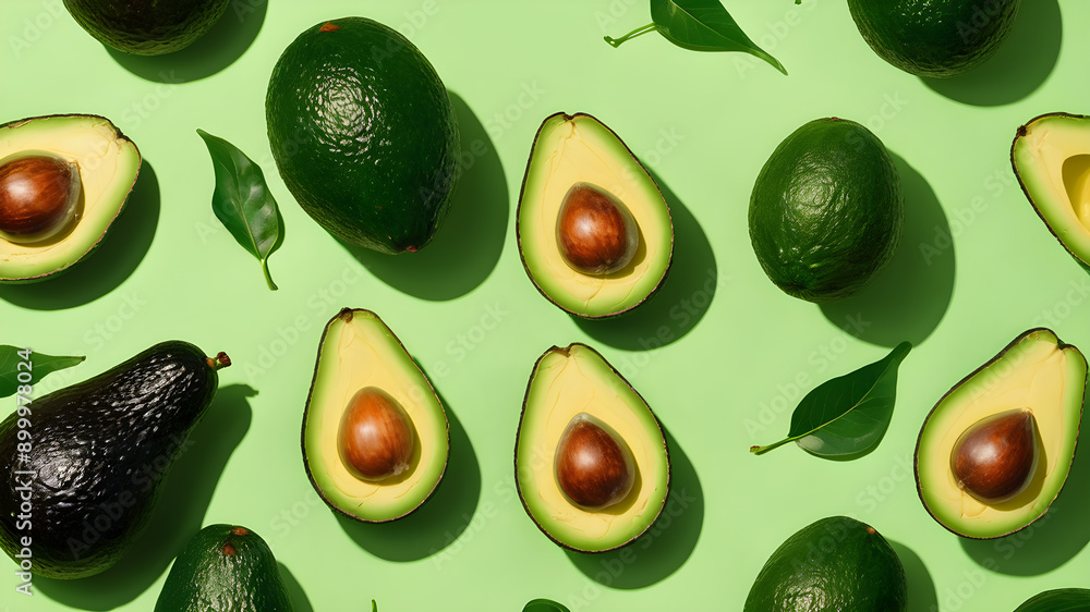 Avocados on a green background. Generative AI Avocados on a green background. Generative AI