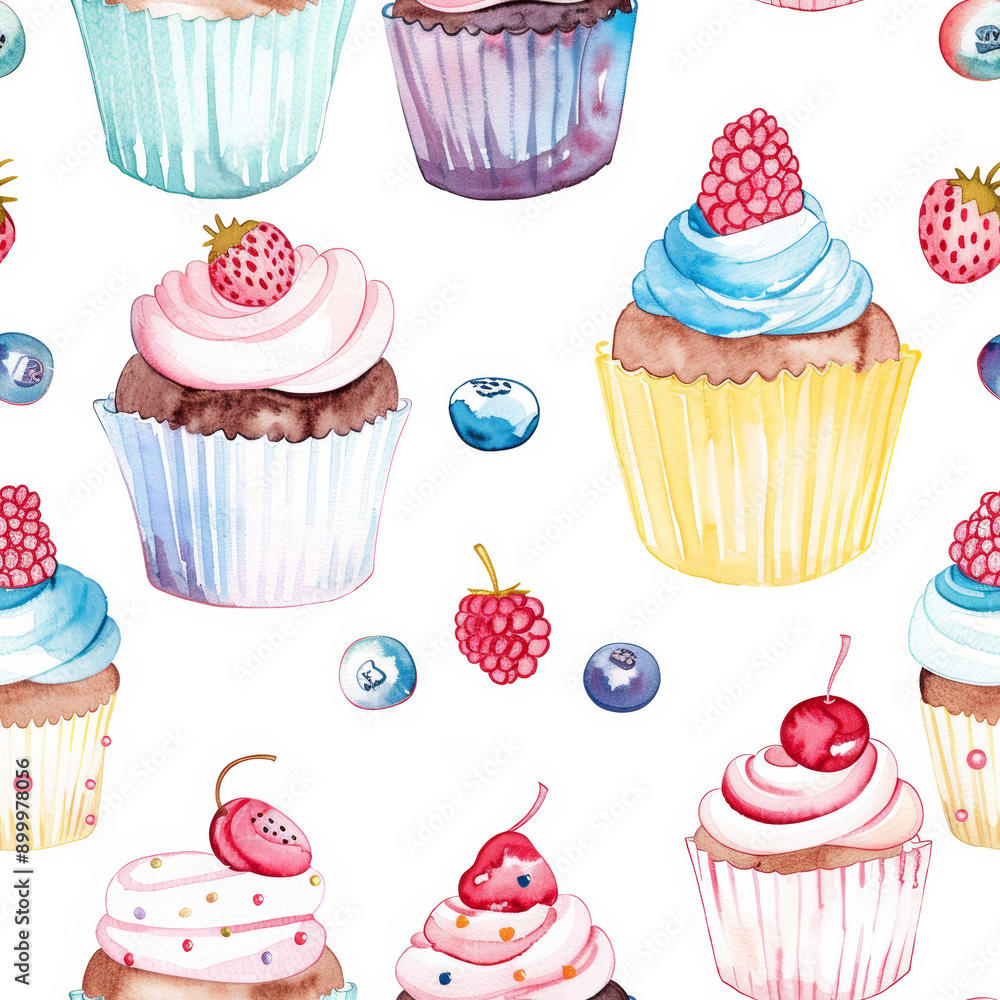 Watercolor Cupcakes and Berries Pattern Delicious Sweet Desserts on White Background Watercolor Cupcakes and Berries Pattern Delicious Sweet Desserts on White Background
