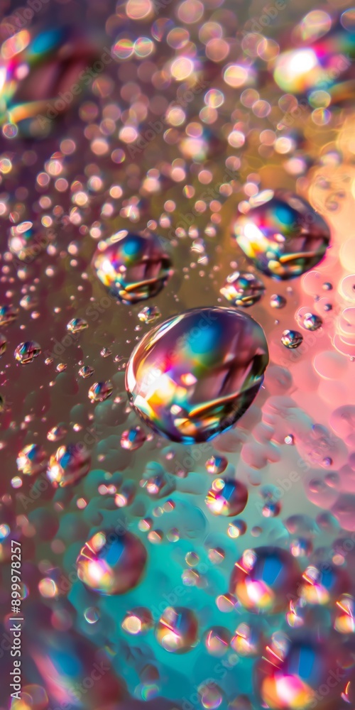 A close up of a drop of water with a rainbow effect. The water droplets are scattered all over the image, creating a sense of movement and fluidity. The rainbow effect adds a touch of magic